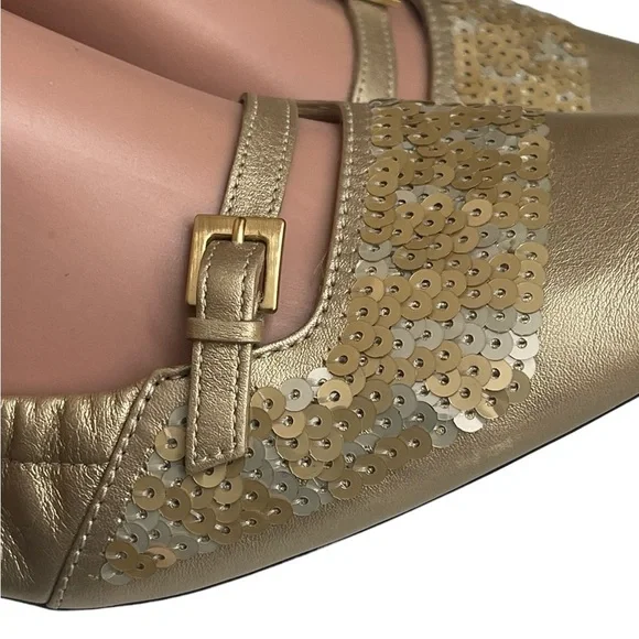 TOD'S Gold and Sequin Square toe flats size 8